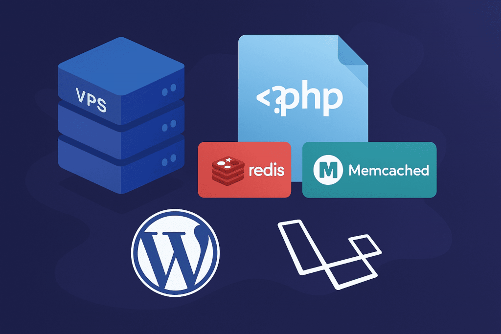 VPS server with PHP, Redis, Memcached, WordPress and Laravel logos, symbolizing website performance optimization.