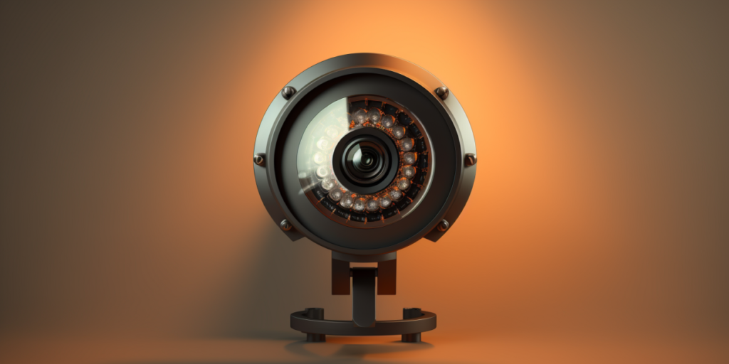 Close-up of a security camera with backlighting against the backdrop of warm light.