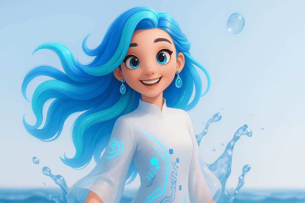 A smiling girl with bright blue hair, in a white dress with a neon pattern, stands against the background of the sea with splashes of water.