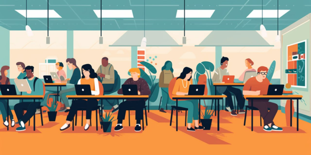 Students working on laptops in a modern coworking space.