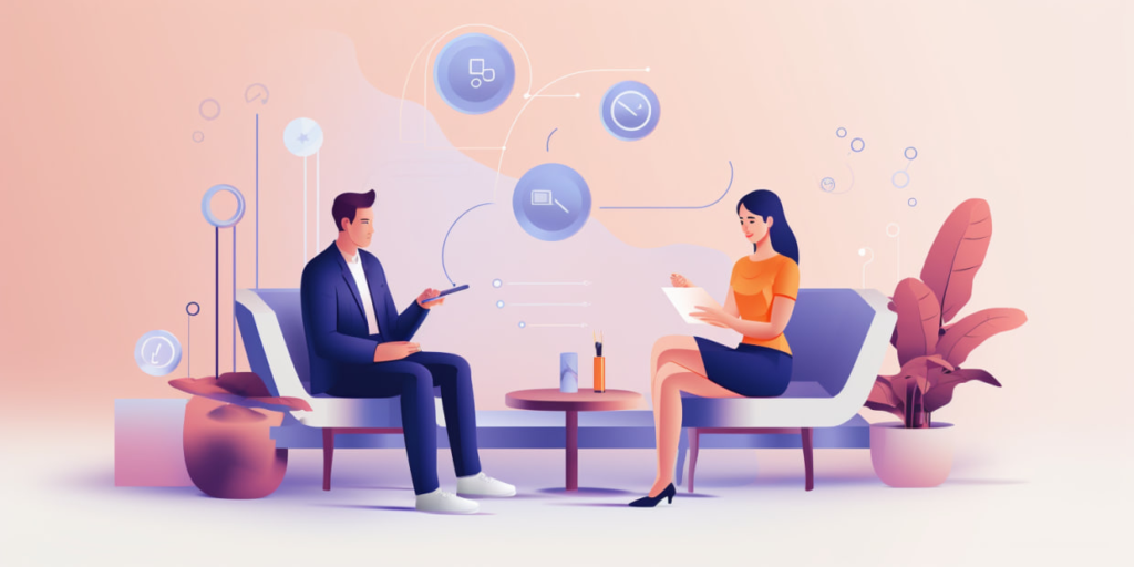 Man and woman sitting on modern chairs discussing with digital icons floating above.