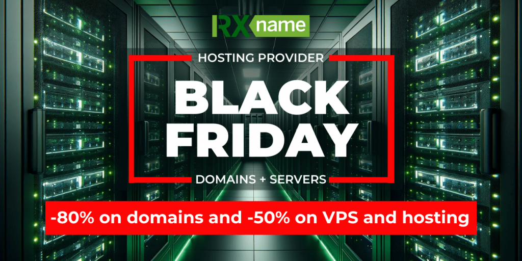 Server room with backlight, in the foreground is a Black Friday advertising banner from RX-NAME with promotional discounts on domains, VPS and hosting.