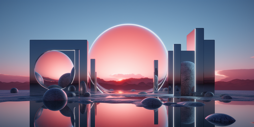 Abstract composition of mirror shapes and spheres against the backdrop of the sunset.