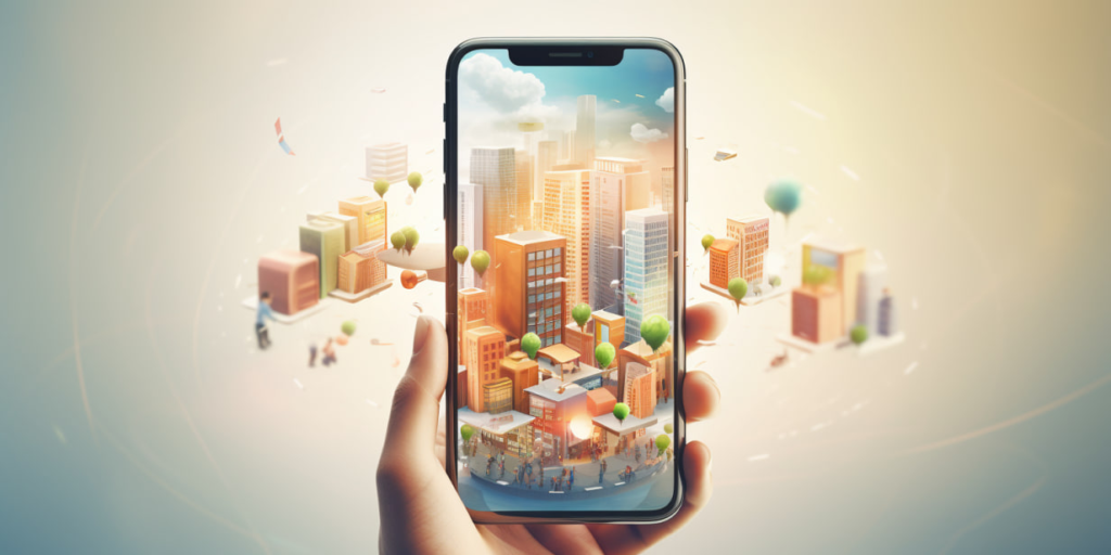 Hand holding a smartphone with a miniature city emerging from the screen.