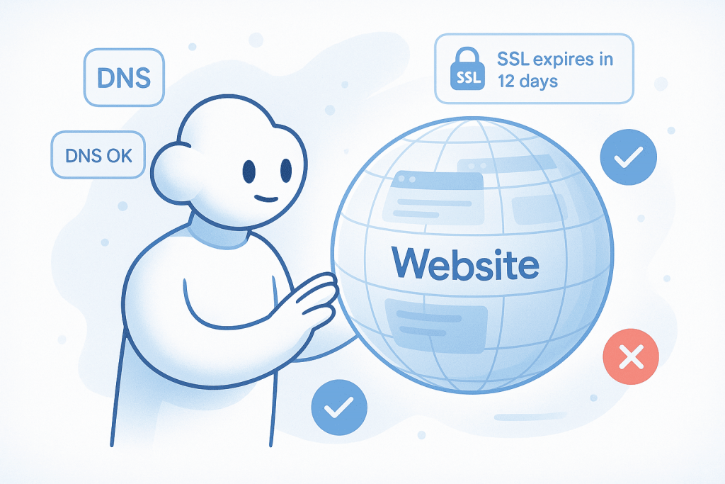 The character is checking a globe with the words "Website" around it, which displays DNS statuses and a message about the expiration of the SSL certificate in 12 days.