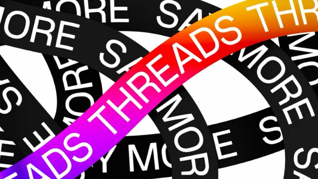 Threads logo on a bright ribbon with white text on a black background.