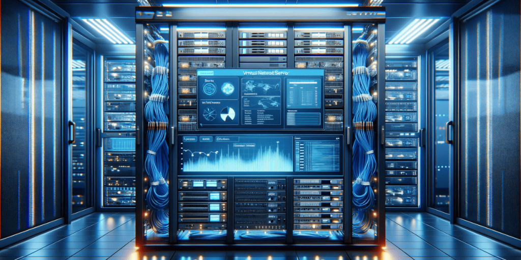 Modern server room with cables connected and a central screen showing graphs and a control panel.