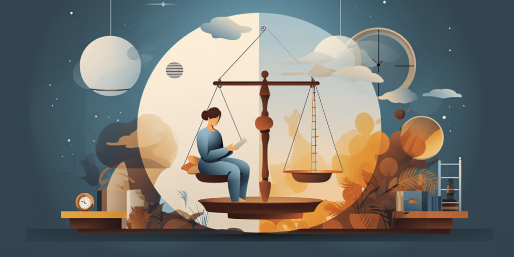 A woman sits on a scale with a book in her hands, surrounded by decorative elements of the moon, clocks and clouds.