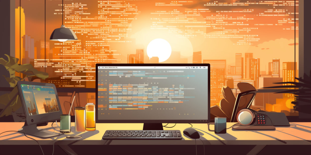 Workplace with monitor, laptop and keyboard on the background of the evening city.
