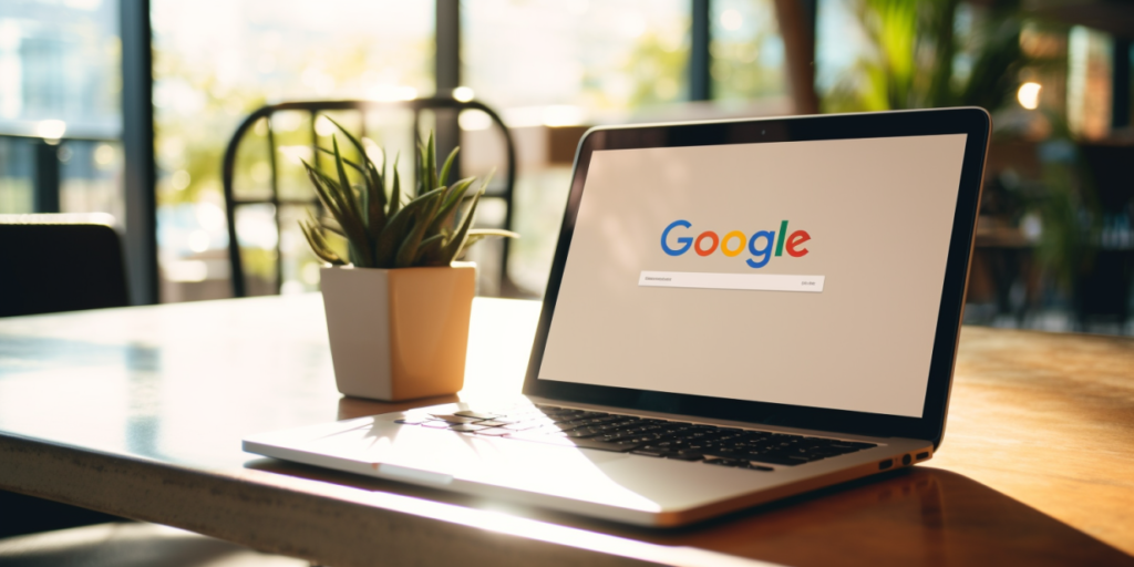 A laptop with the Google homepage open on a table next to a houseplant.