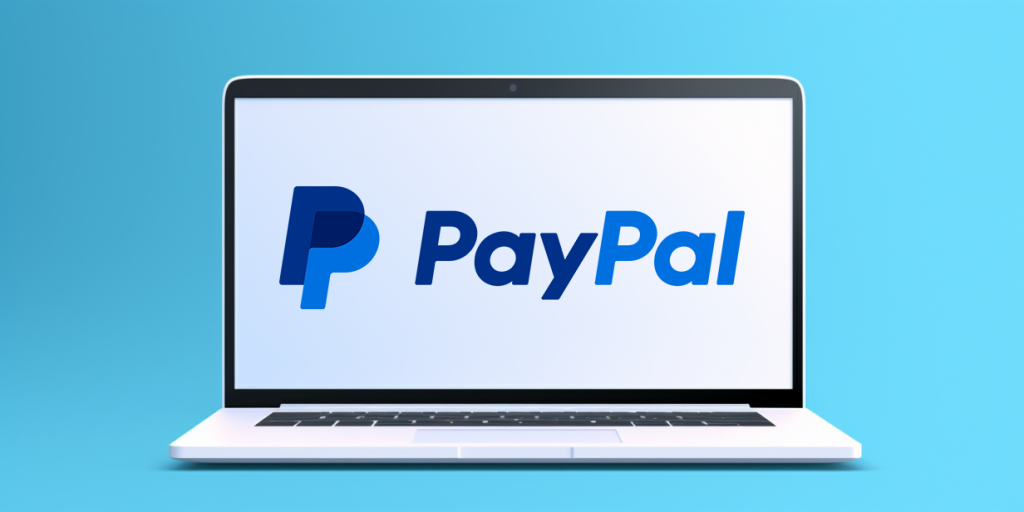 Laptop with open screen displaying PayPal logo, on blue gradient background.