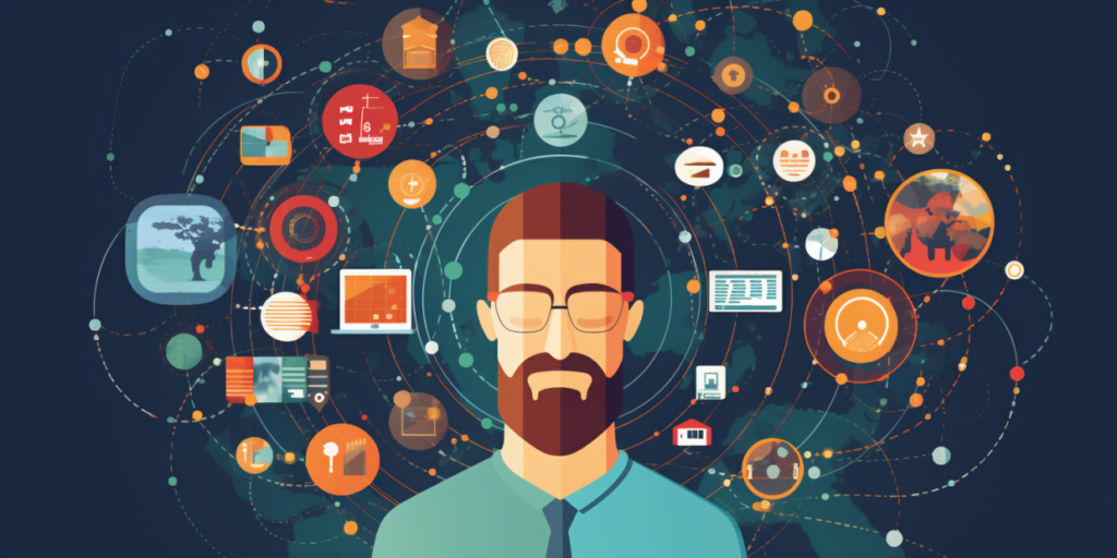Man surrounded by digital icons symbolizing technology, communication, and .ME domain success.