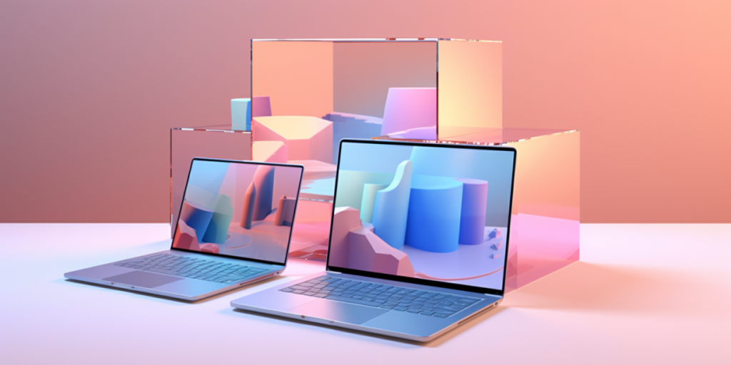 Two laptops with colorful 3D graphics on the screens against a background of abstract transparent cubes.