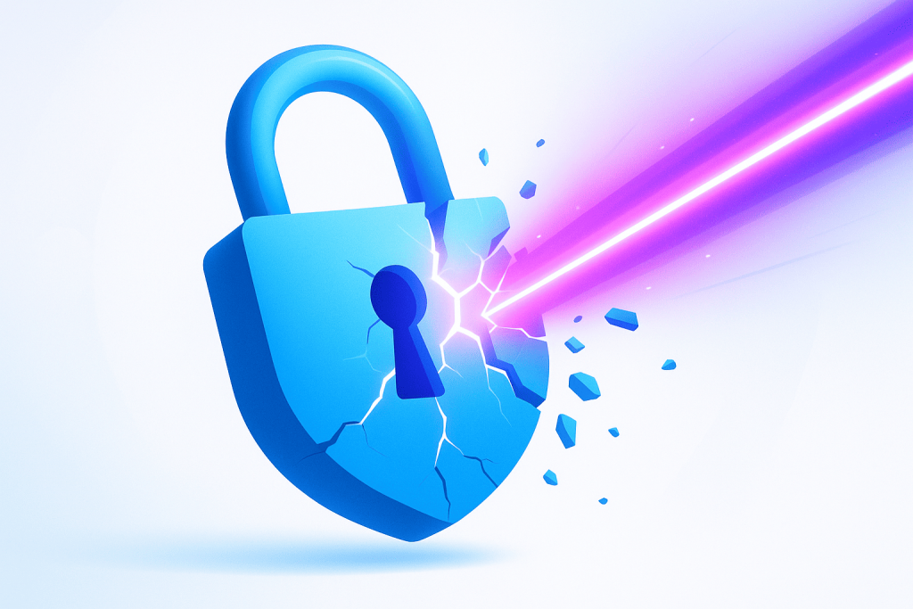 A blue lock cracking under the impact of a bright purple beam, symbolizing new cyber threats.