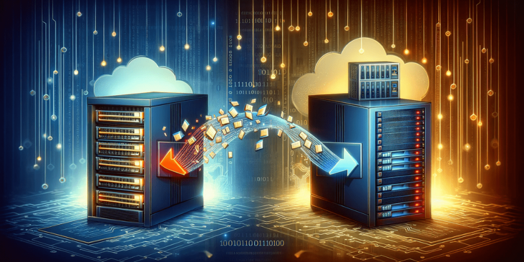 Two servers with cloud connections, between which data is transferred in the form of files and bits of code.