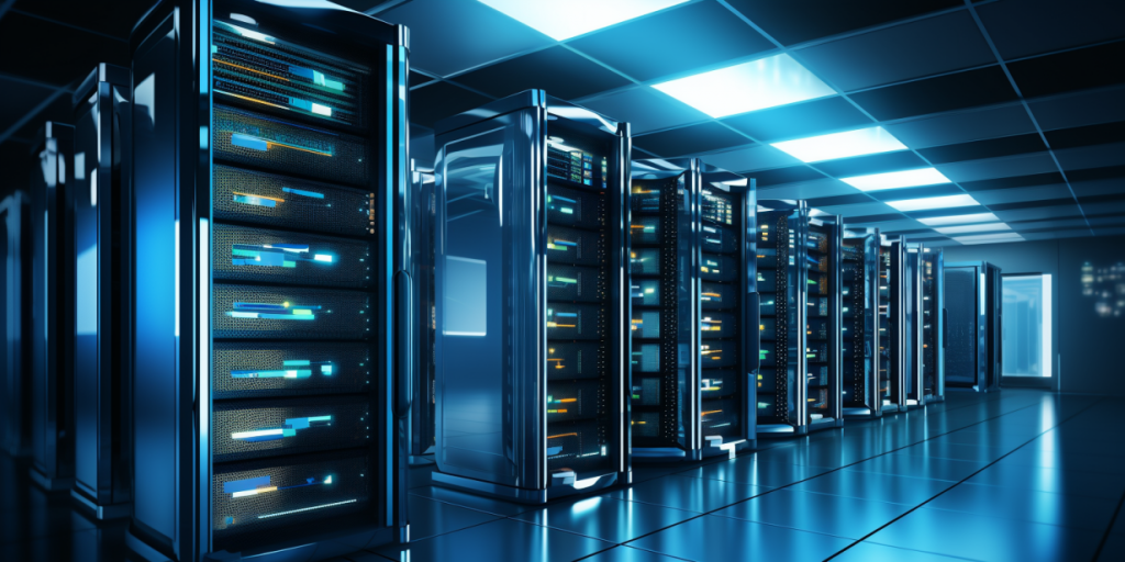 A row of server cabinets in a modern data center with blue lighting.