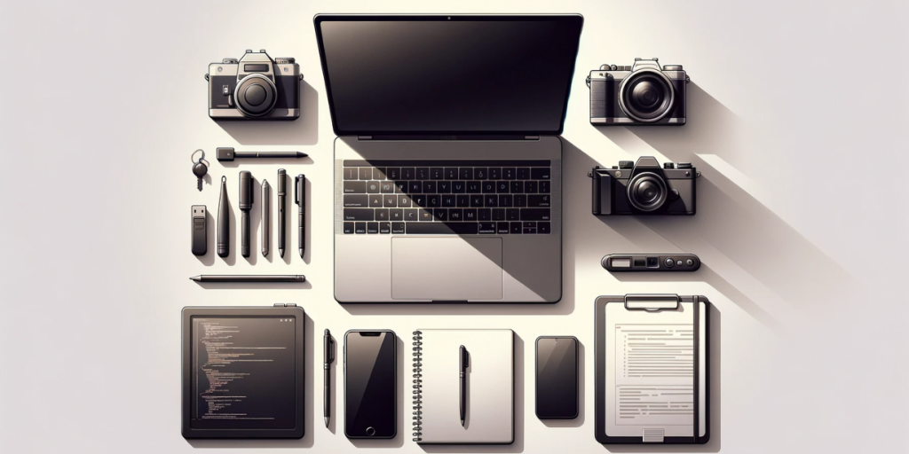 Laptop, tablet, smartphone, cameras and other work tools arranged in a minimalist style on a light background.