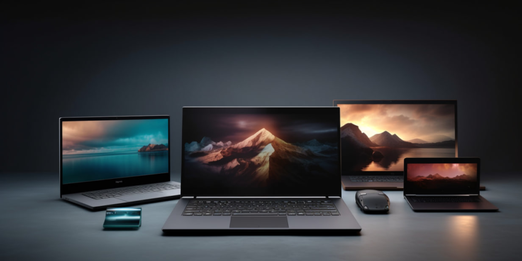Various modern laptops and devices with scenic landscapes displayed on their screens.