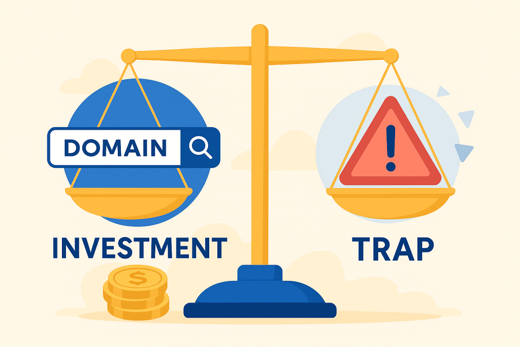 Scales with the words "Domain Investment" and "Trap", symbolizing the choice between a profitable investment in premium domains and the risk of a financial trap.