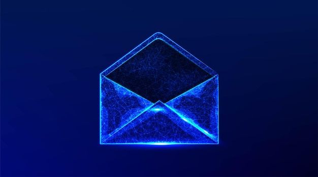 Glowing blue envelope in digital graphic style on a dark background.