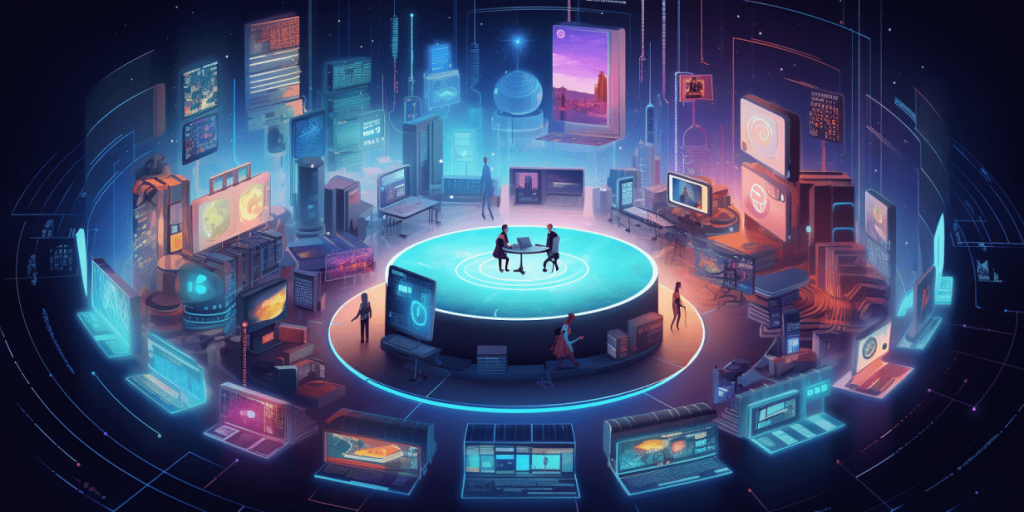People work at a round table in the center of the room, surrounded by numerous screens and digital panels displaying data and graphs.
