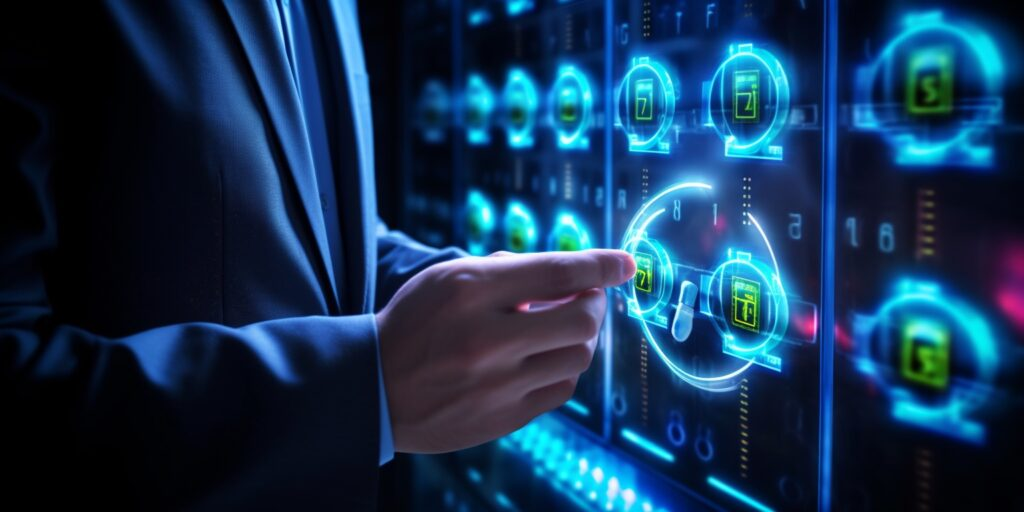 Businessman controls virtual panel with cybersecurity elements.