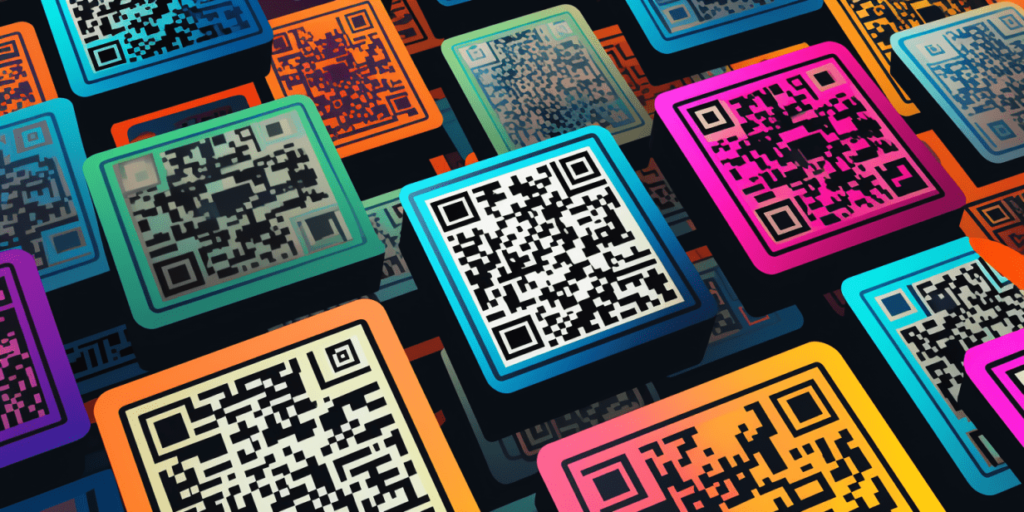 Colorful 3D icons with QR codes in different shades.