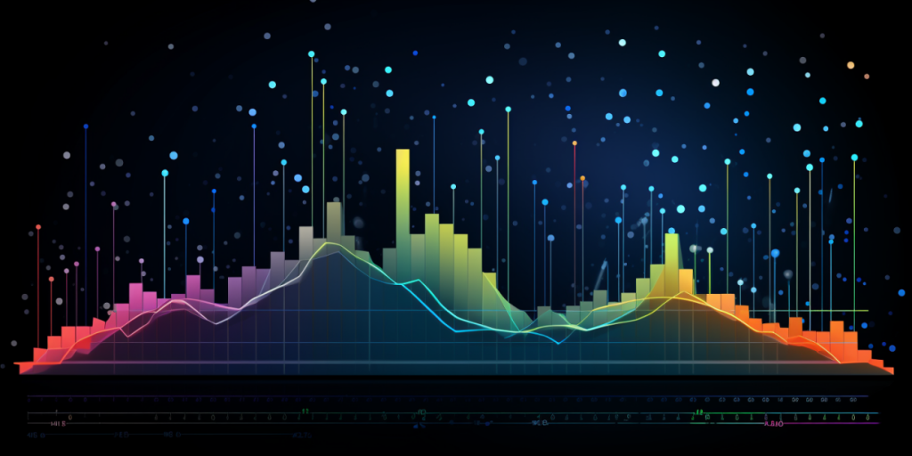 Abstract infographic with colorful columns and lines on a dark background, reminiscent of statistical graphs and data.