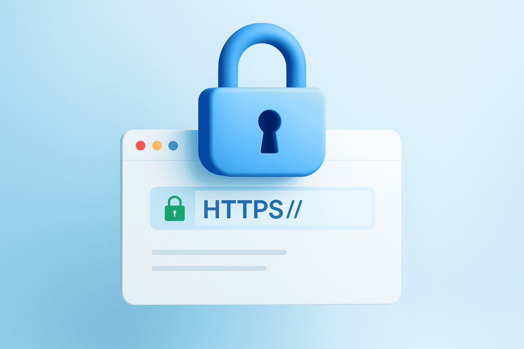 Browser window with HTTPS address bar and green lock with a large blue lock above it.