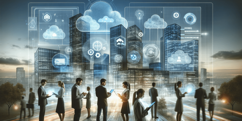 Business people with tablets and laptops against the backdrop of city skyscrapers with cloud icons and technological interfaces.