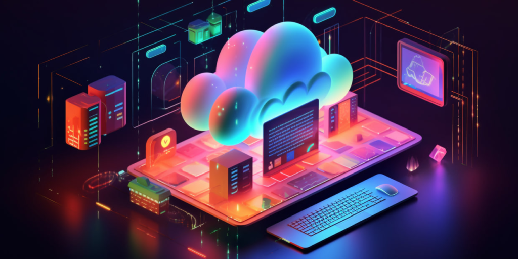 Cloud and servers with laptop and keyboard, data backup.
