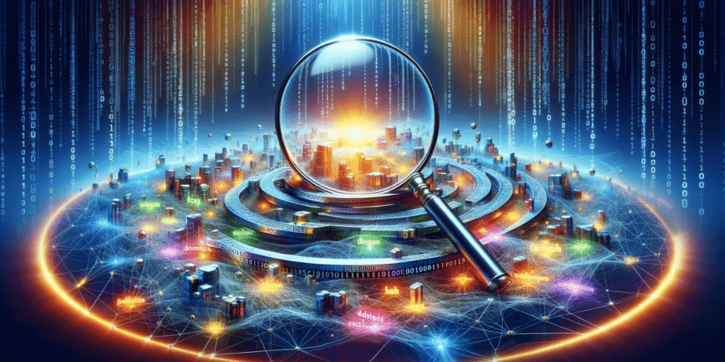 Magnifying glass over a digital city consisting of network connections and data in the form of luminous streams.