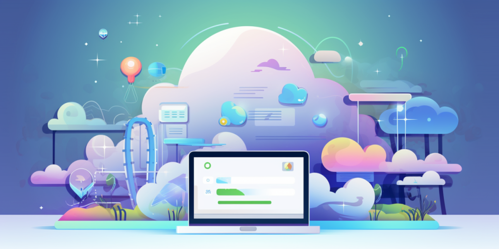 Laptop in the foreground with a loaded interface, against a large cloud with colorful elements and graphs.