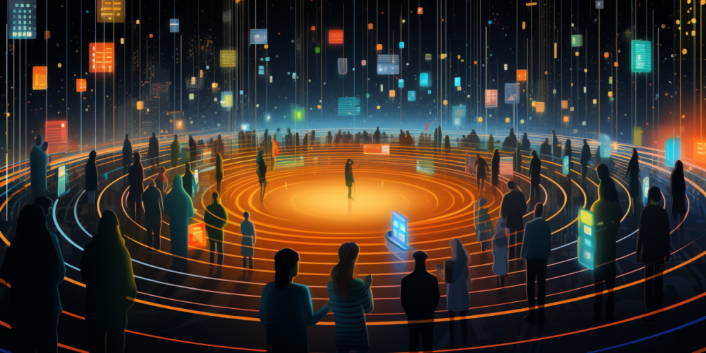 People standing in a circle surrounded by virtual screens and data streams, symbolizing digital connections and information exchange.