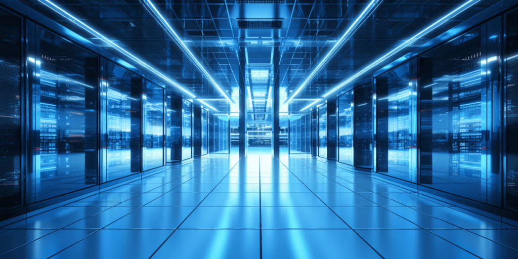 Modern data center corridor with illuminated server racks in blue tones.