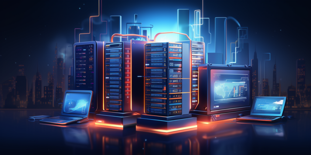 Modern servers with backlight in a technological environment and laptops nearby.
