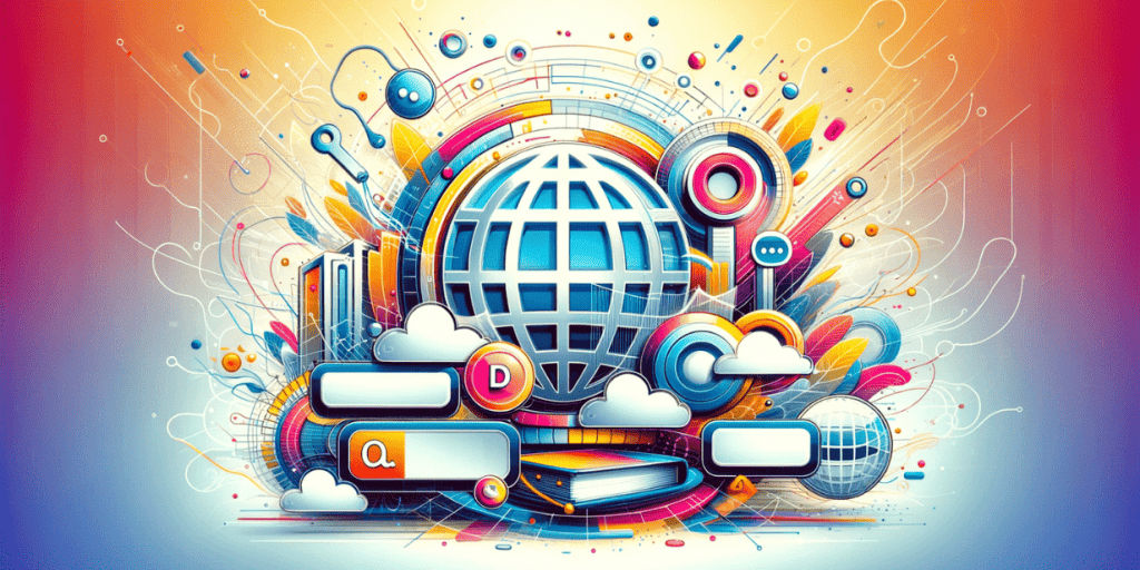 Abstract illustration of a globe with internet symbols, clouds and web elements depicting digital infrastructure.