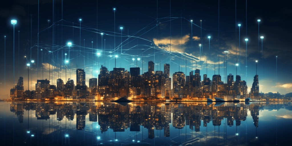 Night city with skyscrapers and light lines symbolizing connectivity.