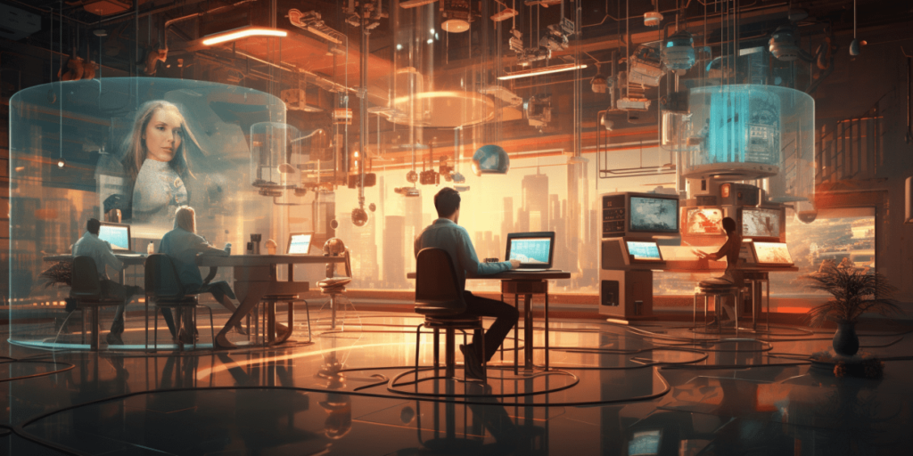 Futuristic workspace with people at computers and holographic projections.