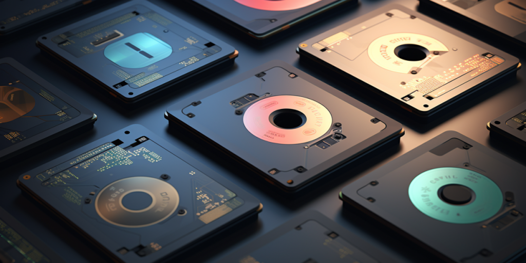 Multiple NVMe SSDs in different colors arranged on a surface.