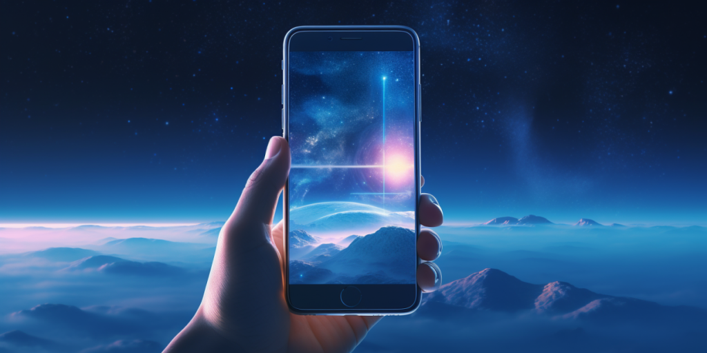 A hand holds a smartphone against a starry night sky, a space landscape is displayed on the screen.