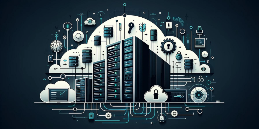 Abstract image of a data center with servers surrounded by cloud technology icons, locks and network elements, emphasizing integration with cloud services.