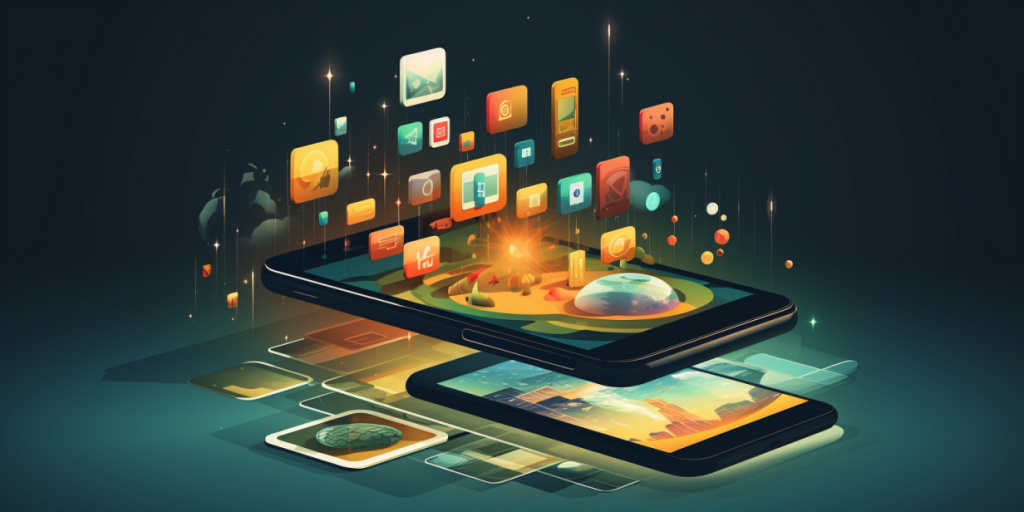 Two smartphones with bright app icons coming out of the screens.