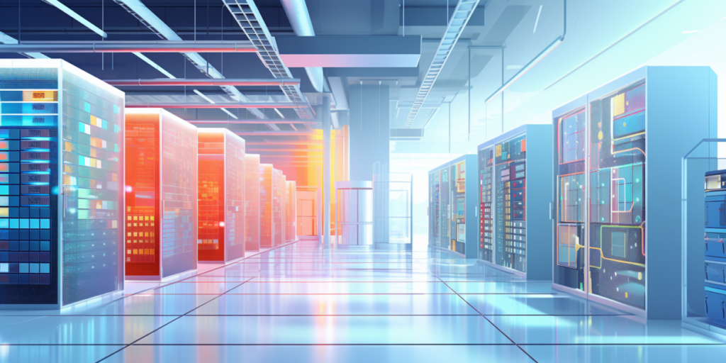 Modern data center with rows of illuminated server racks and bright futuristic lighting.