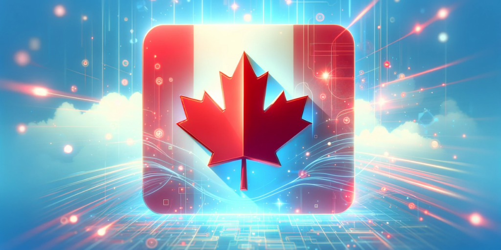Red maple leaf on a background of a stylized Canadian flag with digital elements and light streams.