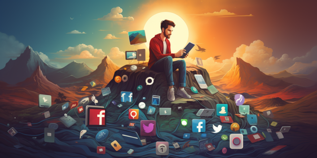 A man with a tablet sits on top of a mountain, surrounded by social media icons.