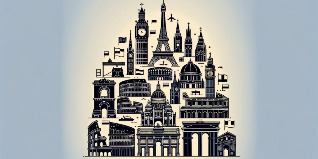 Famous architectural monuments of Europe, including the Eiffel Tower, Big Ben, the Colosseum, the Arc de Triomphe and other symbols of different countries.