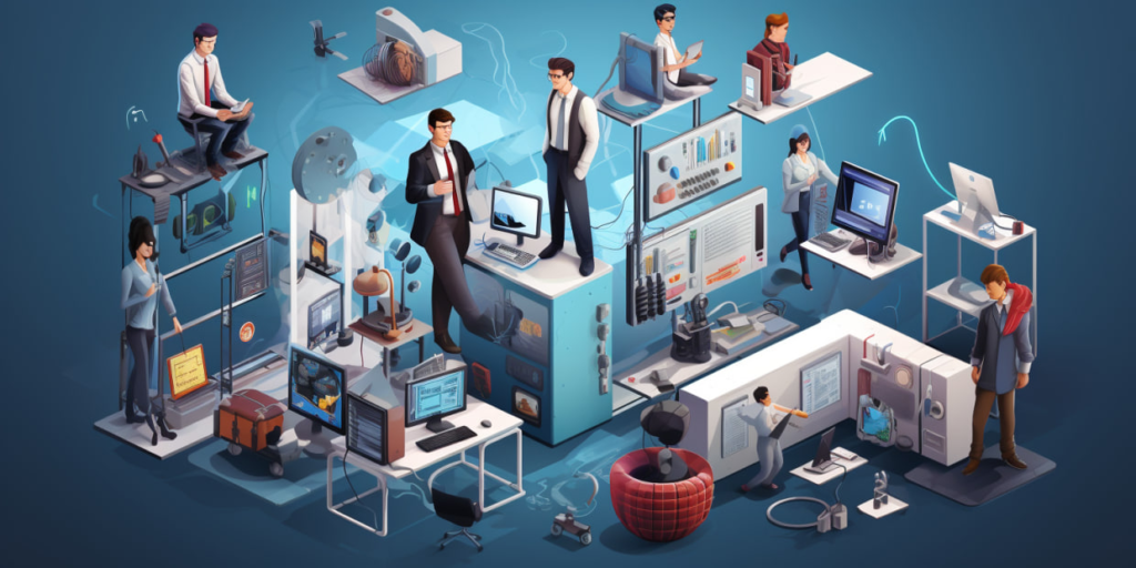 People working with computers, servers, and modern technology in a collaborative workspace.