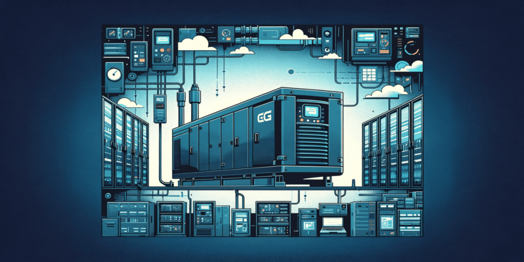 A large generator in a data center, surrounded by servers and panels with indicators and instruments.
