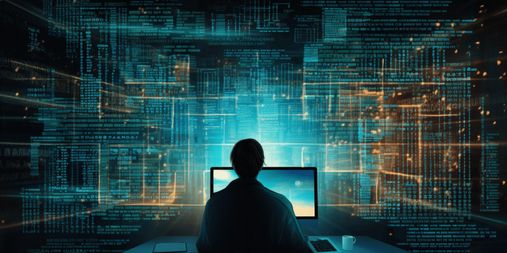 A person sits at a computer in a dark room with code projections all around.